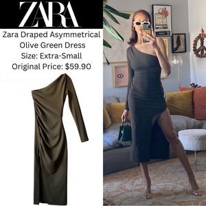 Zara Draped Asymmetrical Olive Green Dress